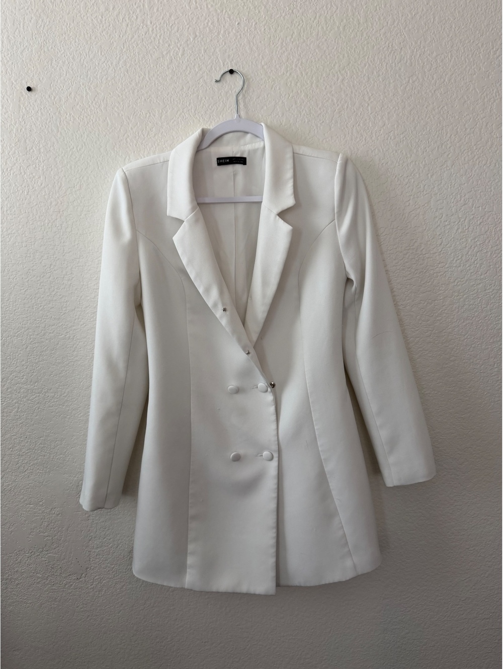 SHEIN White Double-Breasted Long Blazer Jacket dress aritzia madewell
